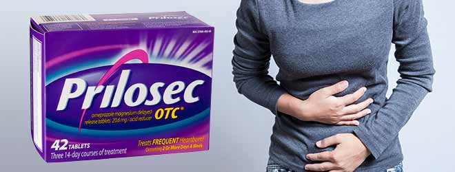 A picture of a Prilosec box and a woman holding her stomach in pain. 